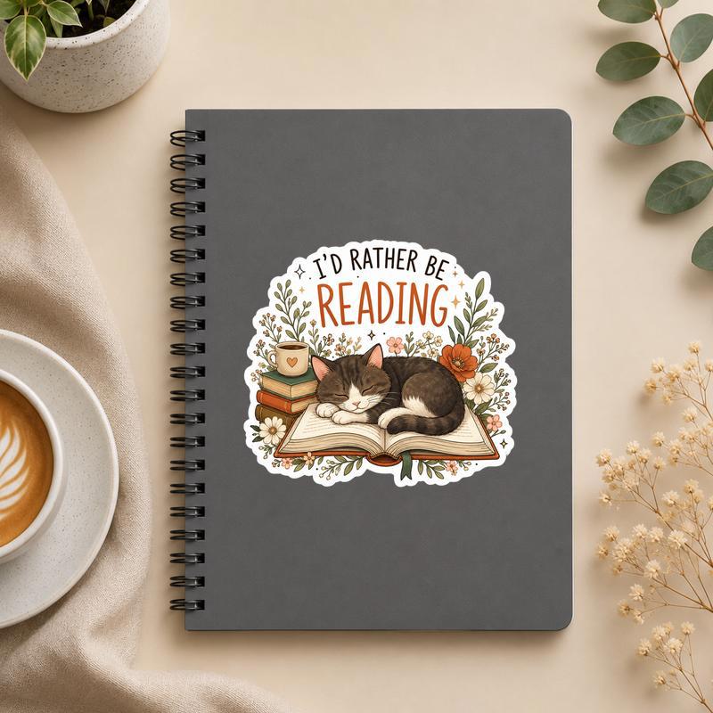 I’d Rather Be Reading - Cozy Cat Book Lover Sticker - Bookorys