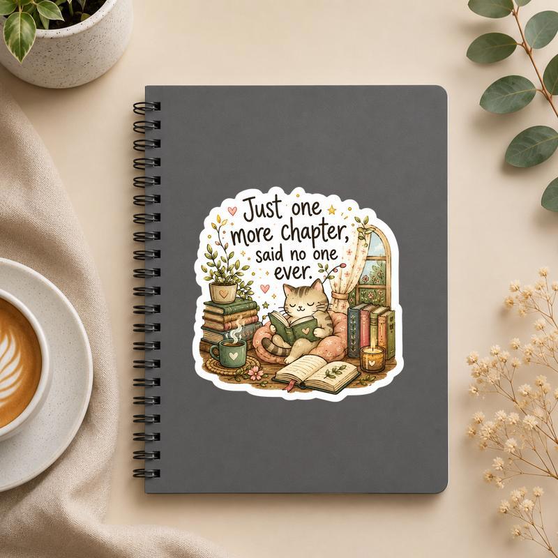Just One More Chapter - Cozy Cat Reading Artwork Sticker - Bookorys