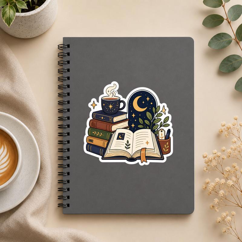 Midnight Reading Aesthetic Sticker - Books Coffee And Moonlight - Bookorys