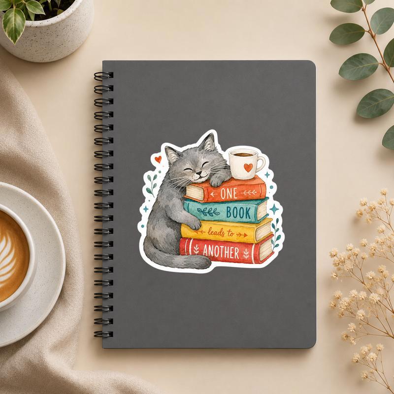 One Book Leads To Another - Cute Reading Cat Sticker - Bookorys