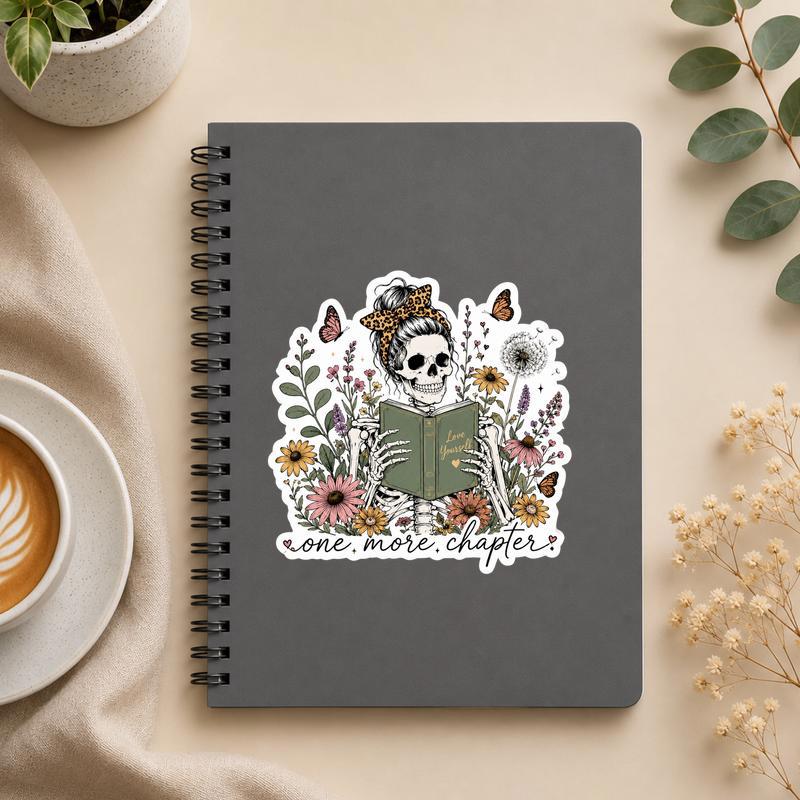 One More Chapter - Gothic Floral Skeleton Reader Sticker - Bookorys