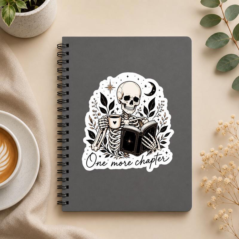 One More Chapter - Skeleton Coffee Reader Sticker - Bookorys