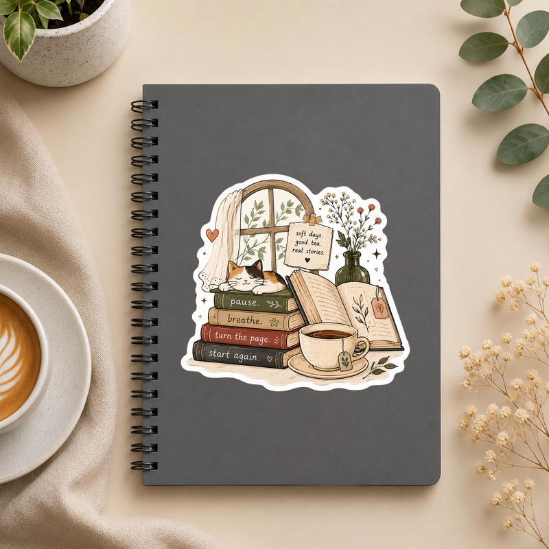 Pause Breathe, Turn The Page - Cozy Reading Life Sticker - Bookorys