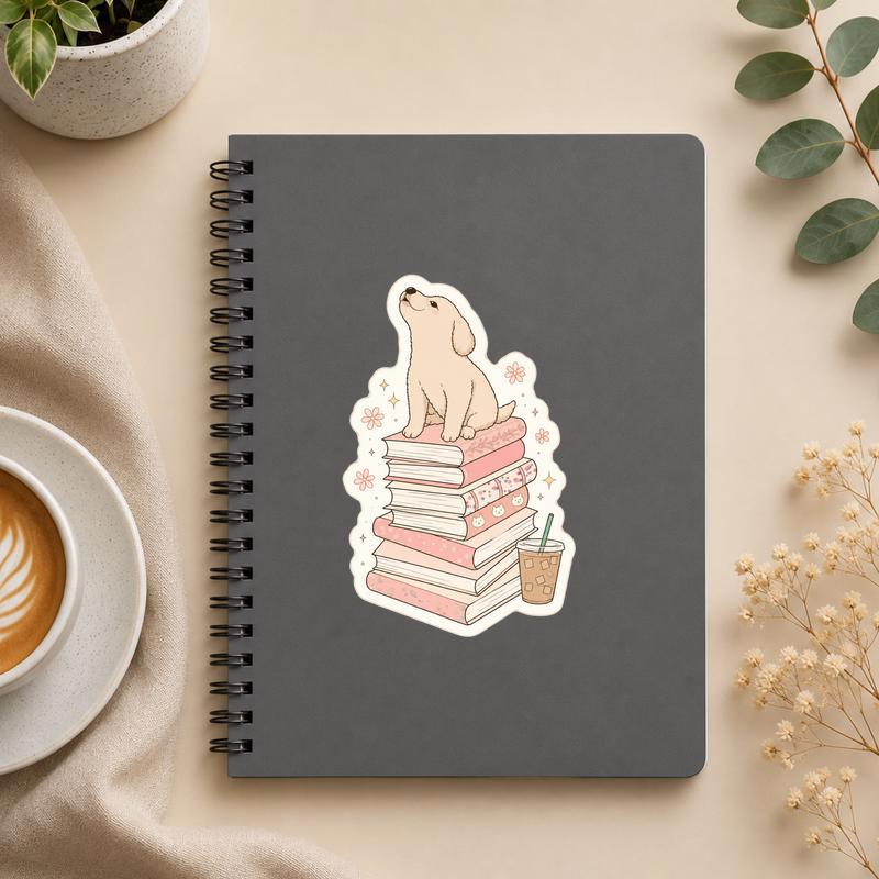 Puppy On A Stack Of Books - Cozy Reader Aesthetic Sticker - Bookorys