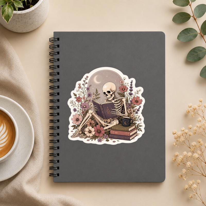 Skeleton Reading In Flowers - Gothic Book Lover Sticker - Bookorys