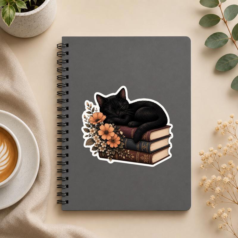 Sleeping Black Cat On Books - Vintage Floral Aesthetic Sticker - Bookorys