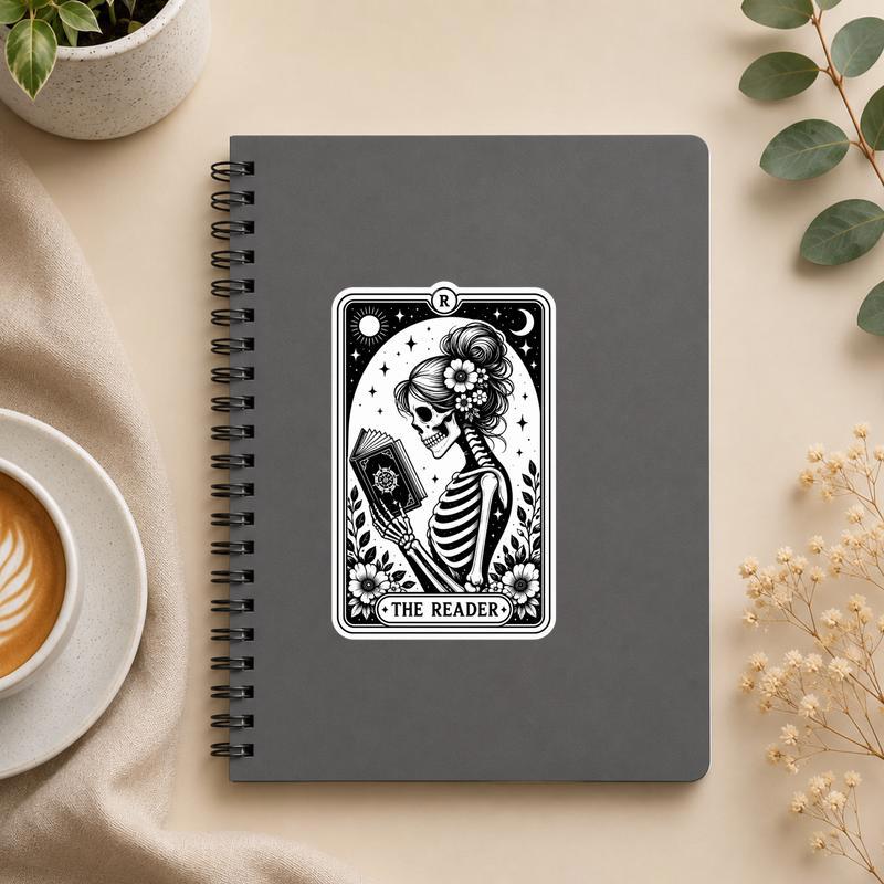 The Reader Tarot Card - Gothic Skeleton Book Lover Art Sticker - Bookorys
