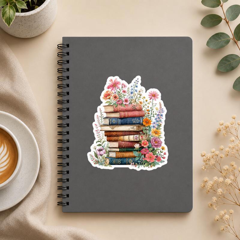 Vintage Floral Book Stack - Cozy Reader Aesthetic Sticker - Bookorys