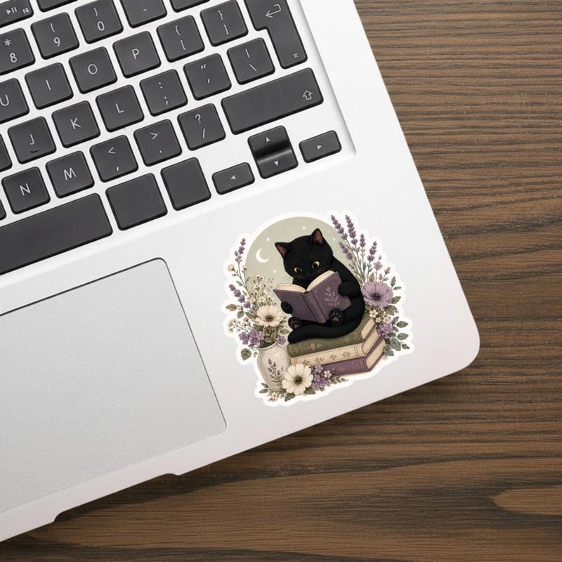 Black Cat Reading Books - Floral Cozy Reader Sticker