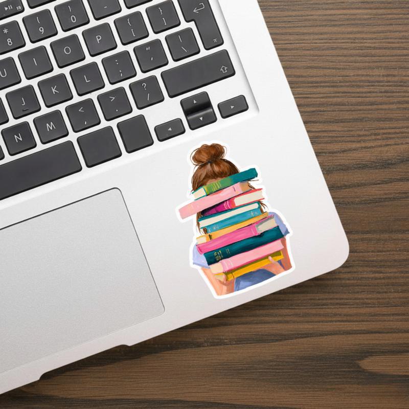 Book Stack Girl - Modern Book Lover Aesthetic Sticker