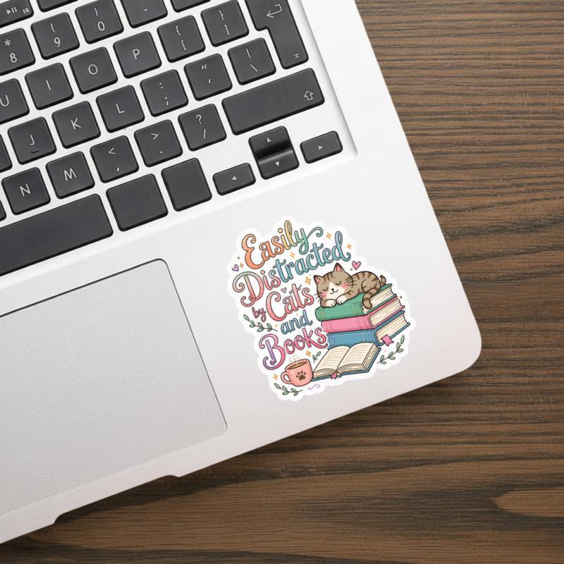 Easily Distracted By Cats And Books - Cute Reader Sticker Easily Distracted By Cats And Books - Cute Reader Sticker