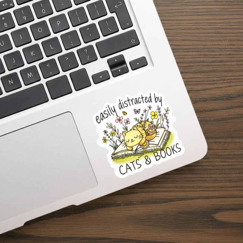 Easily Distracted By Cats And Books - Floral Cat Sticker