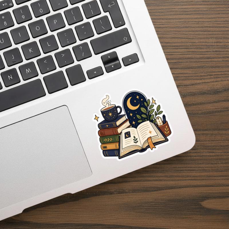 Midnight Reading Aesthetic Sticker - Books Coffee And Moonlight