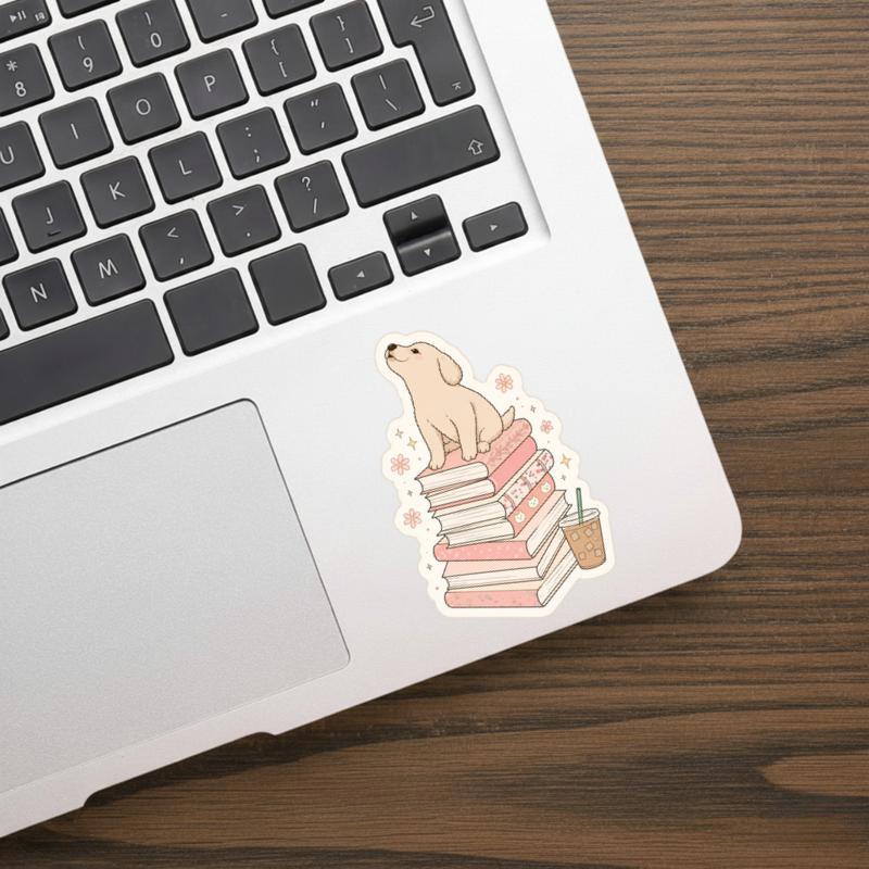 Puppy On A Stack Of Books - Cozy Reader Aesthetic Sticker
