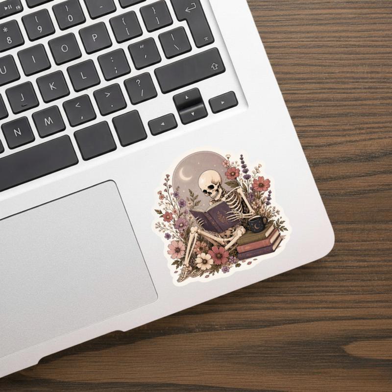 Skeleton Reading In Flowers - Gothic Book Lover Sticker
