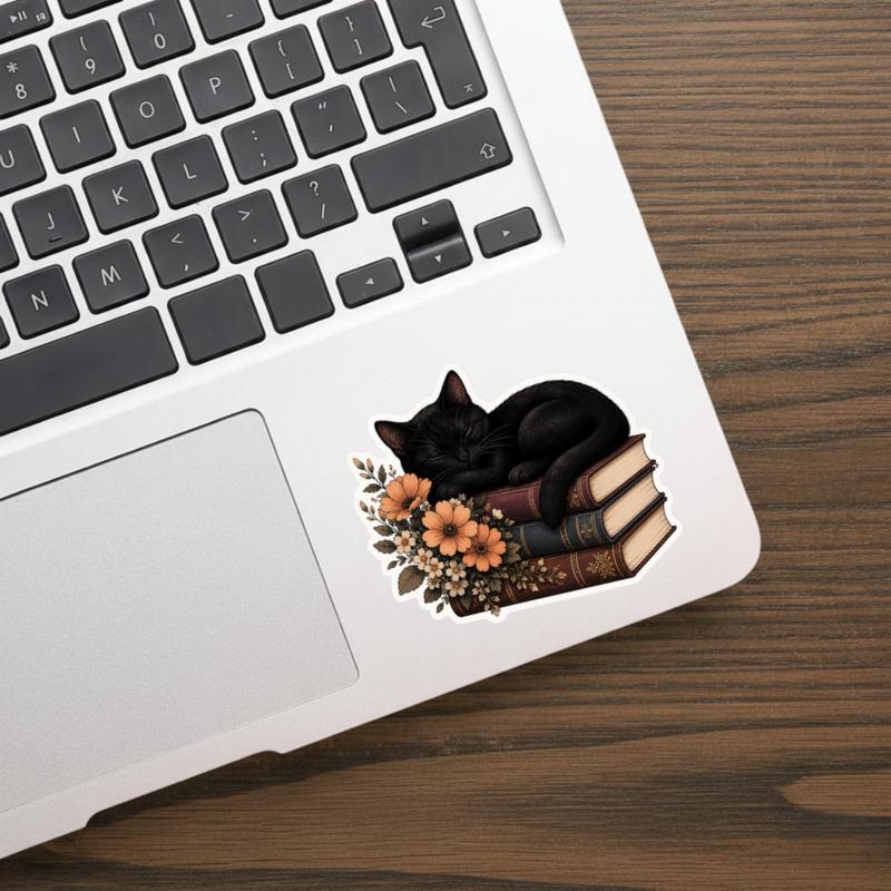 Sleeping Black Cat On Books - Vintage Floral Aesthetic Sticker