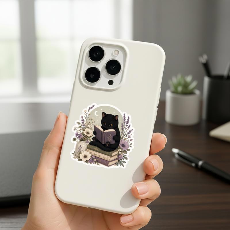 Black Cat Reading Books - Floral Cozy Reader Sticker