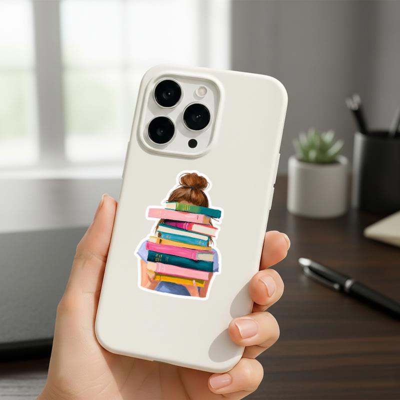 Book Stack Girl - Modern Book Lover Aesthetic Sticker