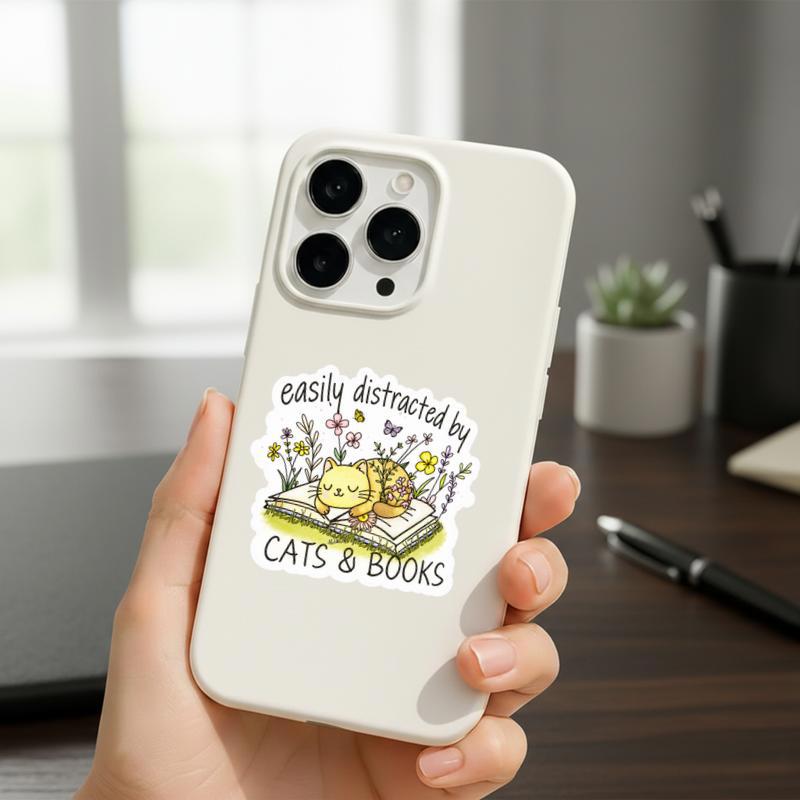 Easily Distracted By Cats And Books - Floral Cat Sticker