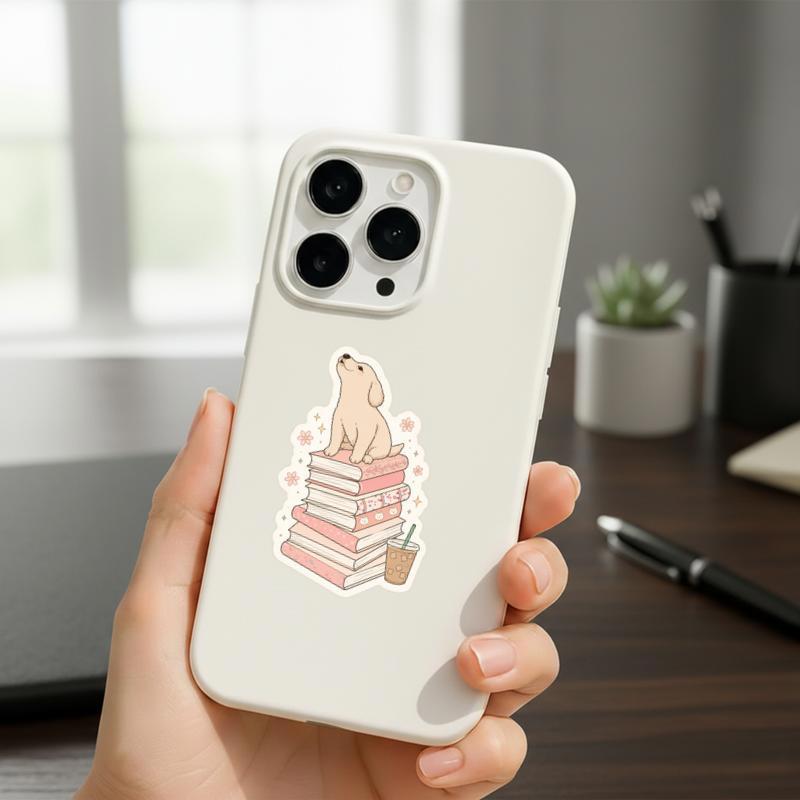 Puppy On A Stack Of Books - Cozy Reader Aesthetic Sticker