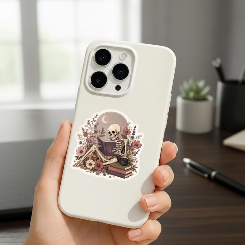 Skeleton Reading In Flowers - Gothic Book Lover Sticker