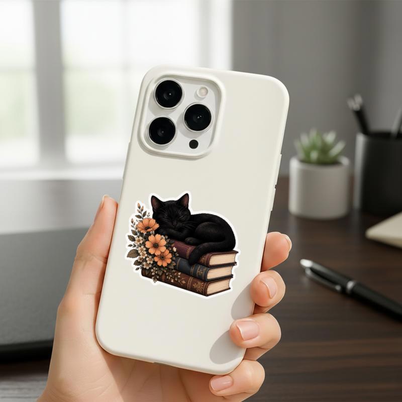 Sleeping Black Cat On Books - Vintage Floral Aesthetic Sticker