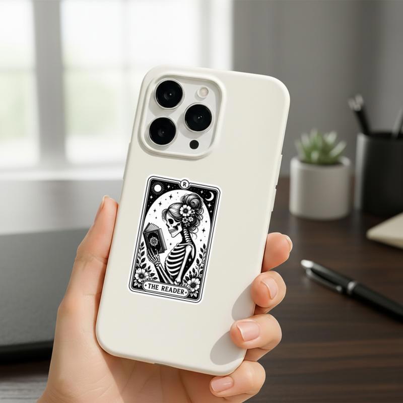 The Reader Tarot Card - Gothic Skeleton Book Lover Art Sticker