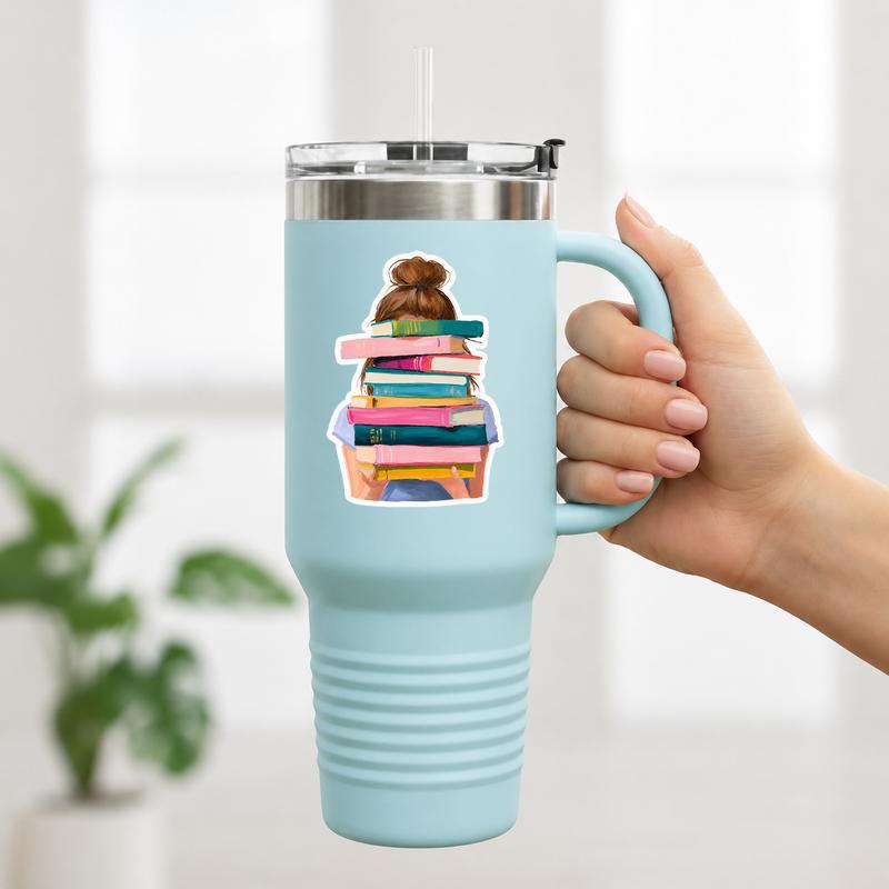 Book Stack Girl - Modern Book Lover Aesthetic Sticker