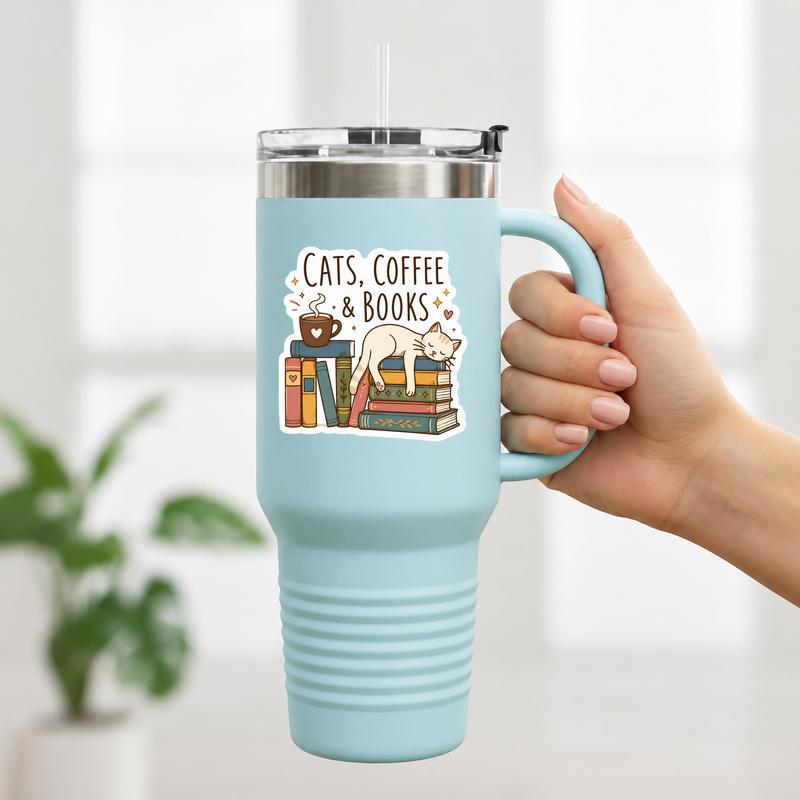 Cats, Coffee And Books - Cozy Reader Lifestyle Sticker Cats, Coffee And Books - Cozy Reader Lifestyle Sticker