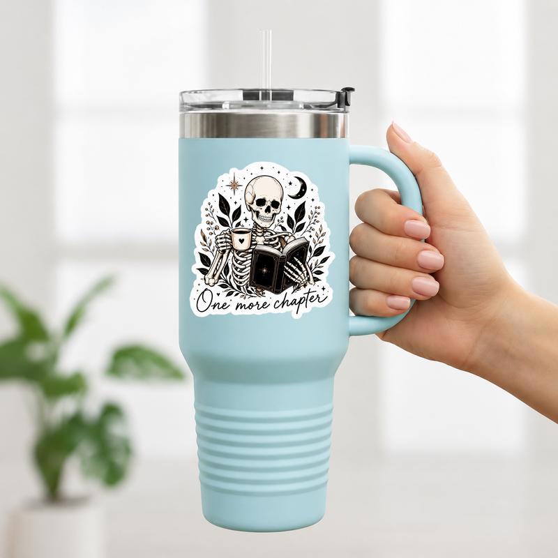 One More Chapter - Skeleton Coffee Reader Sticker One More Chapter - Skeleton Coffee Reader Sticker