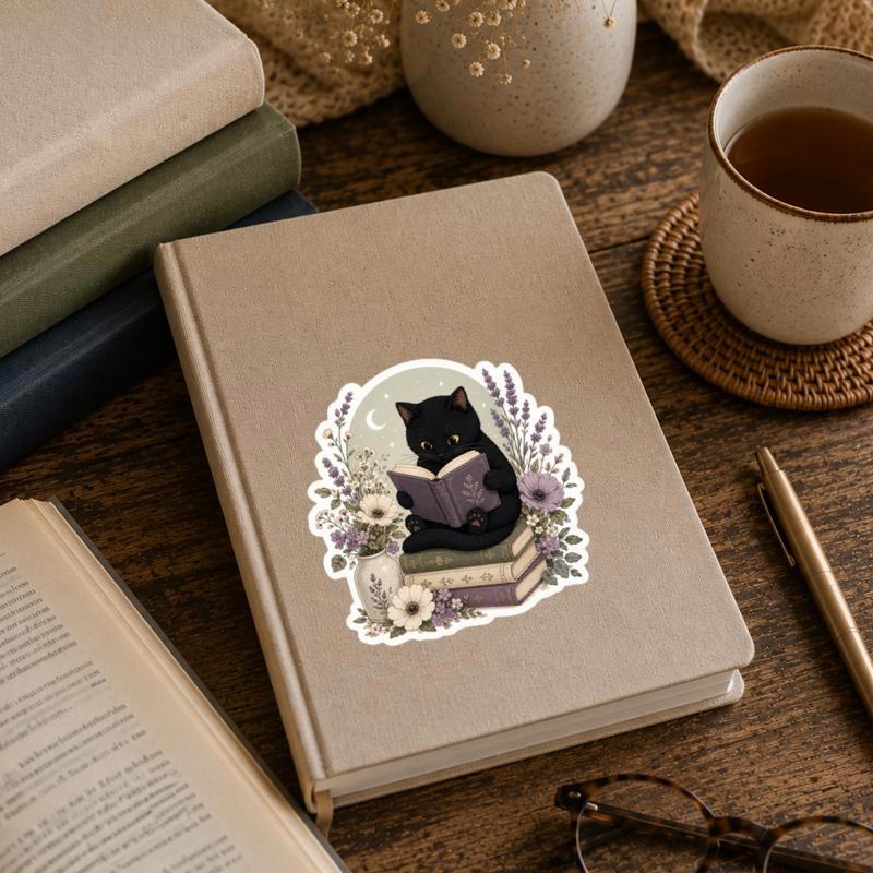 Black Cat Reading Books - Floral Cozy Reader Sticker