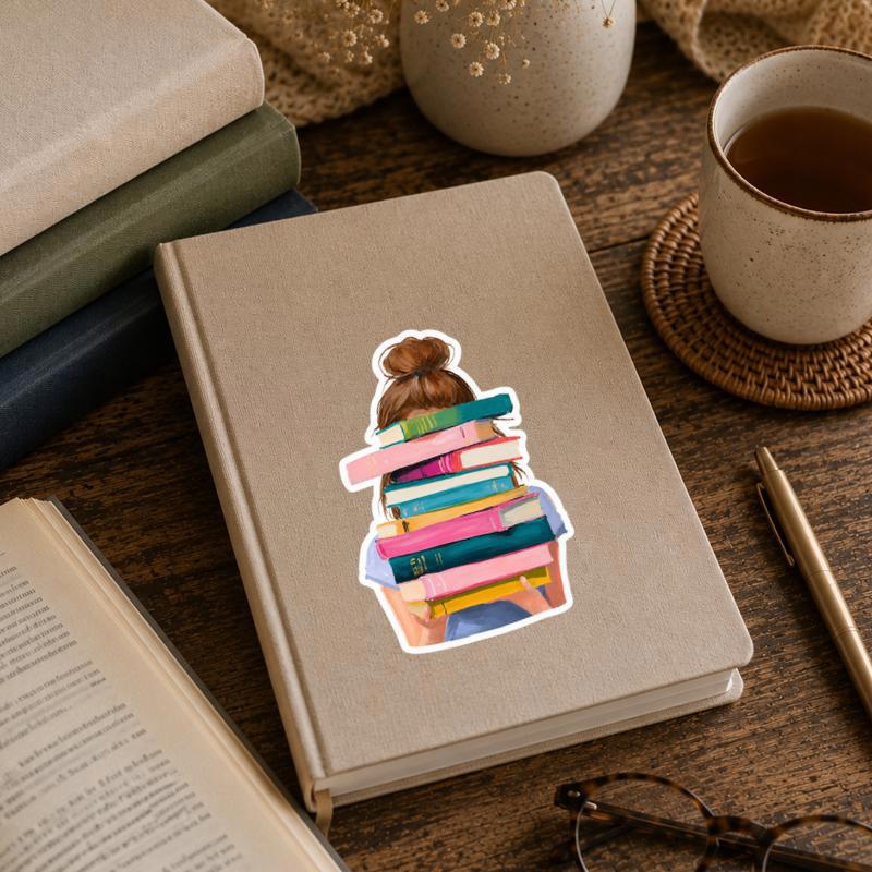 Book Stack Girl - Modern Book Lover Aesthetic Sticker