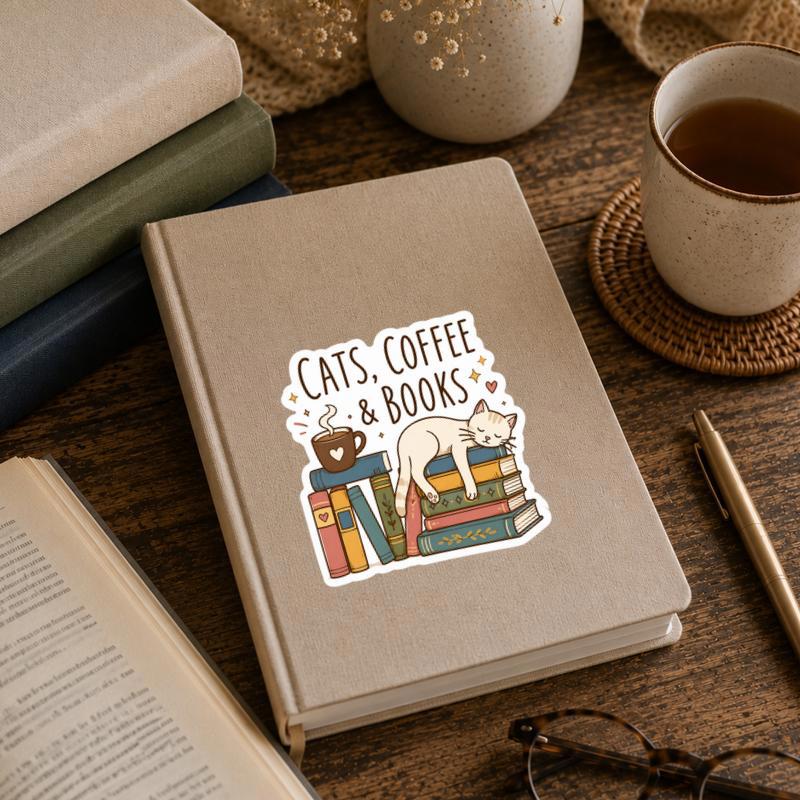Cats, Coffee And Books - Cozy Reader Lifestyle Sticker Cats, Coffee And Books - Cozy Reader Lifestyle Sticker