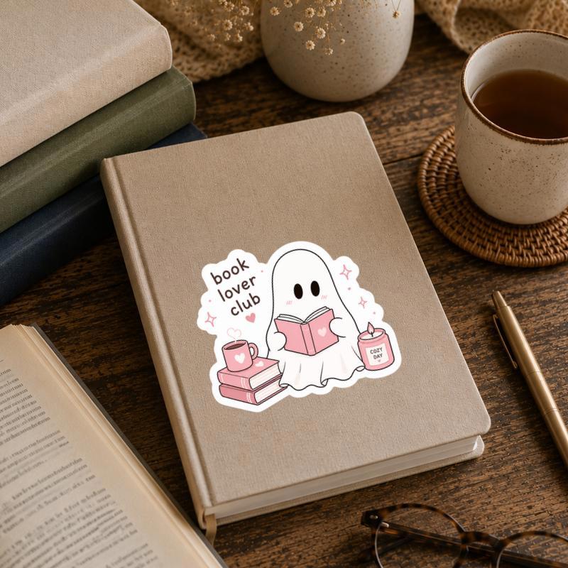 Cozy Pink Bookworm - Kawaii Reader Ghost Sticker