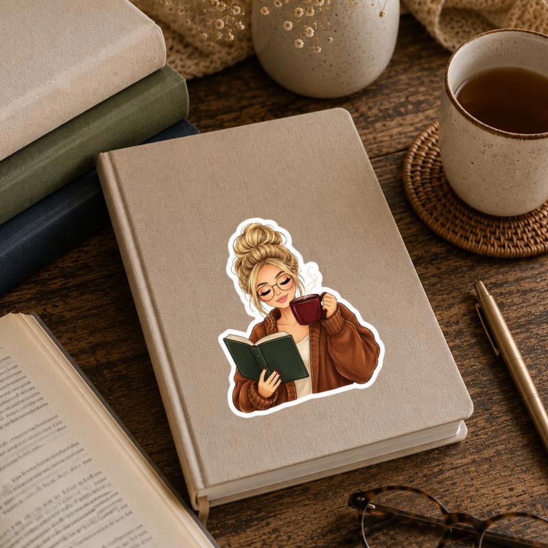 Cozy Reader Girl - Books And Coffee Aesthetic Sticker Cozy Reader Girl - Books And Coffee Aesthetic Sticker