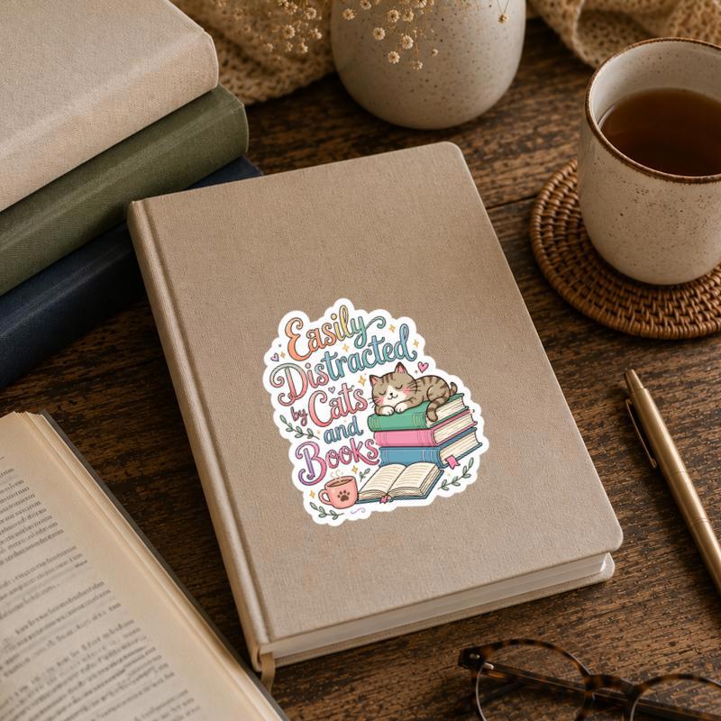 Easily Distracted By Cats And Books - Cute Reader Sticker Easily Distracted By Cats And Books - Cute Reader Sticker