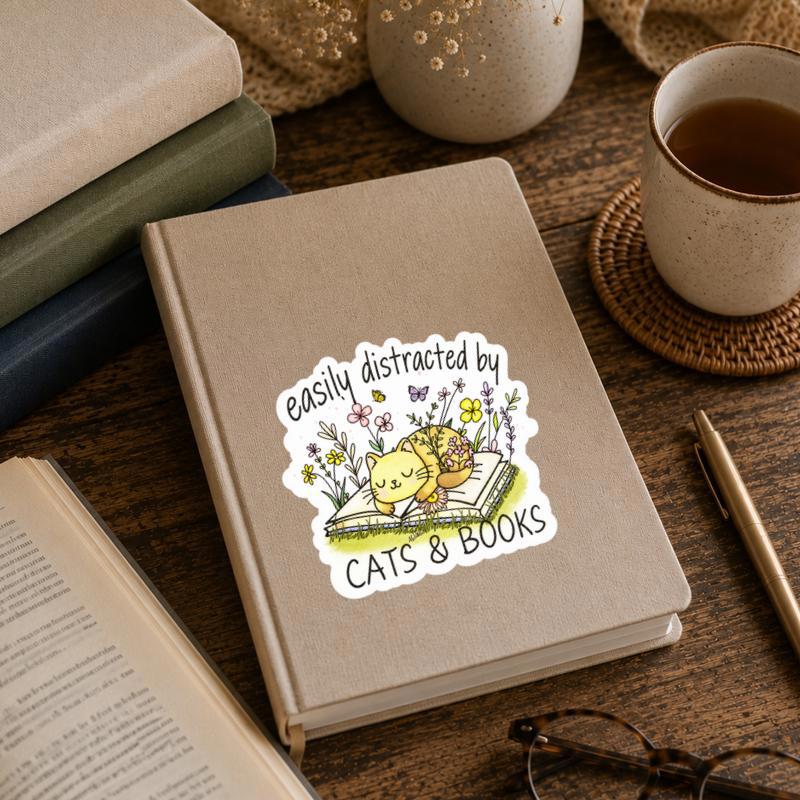 Easily Distracted By Cats And Books - Floral Cat Sticker