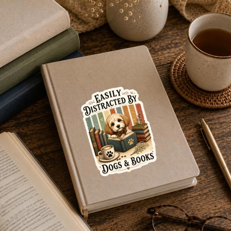 Easily Distracted By Dogs And Books - Vintage Reader Vibes Sticker