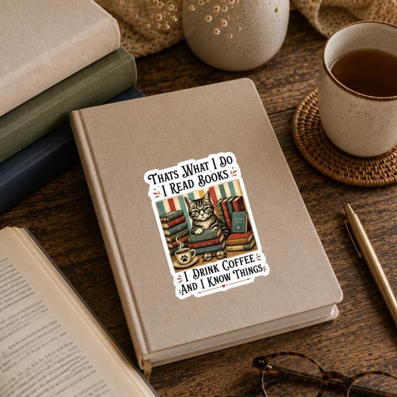 I Read Books, Drink Coffee And Know Things - Vintage Cat Art Sticker