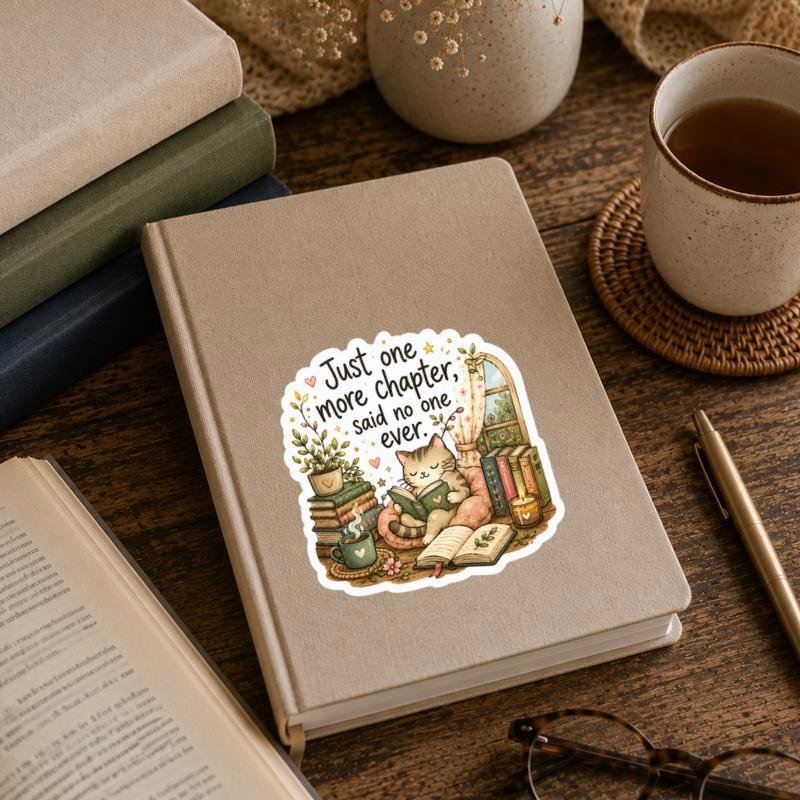 Just One More Chapter - Cozy Cat Reading Artwork Sticker