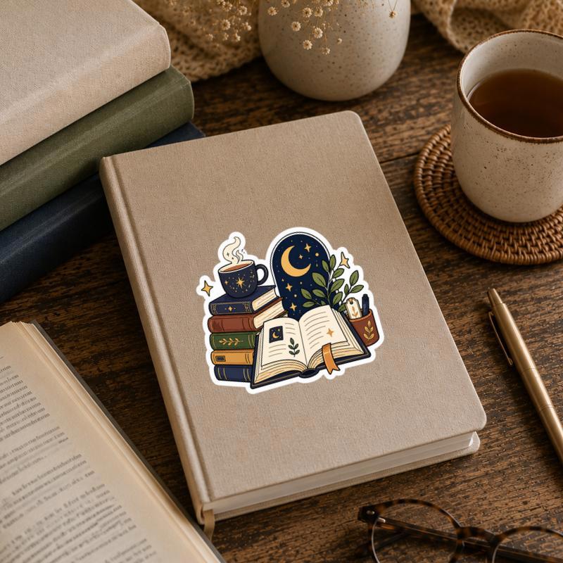 Midnight Reading Aesthetic Sticker - Books Coffee And Moonlight
