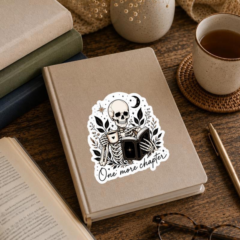 One More Chapter - Skeleton Coffee Reader Sticker One More Chapter - Skeleton Coffee Reader Sticker