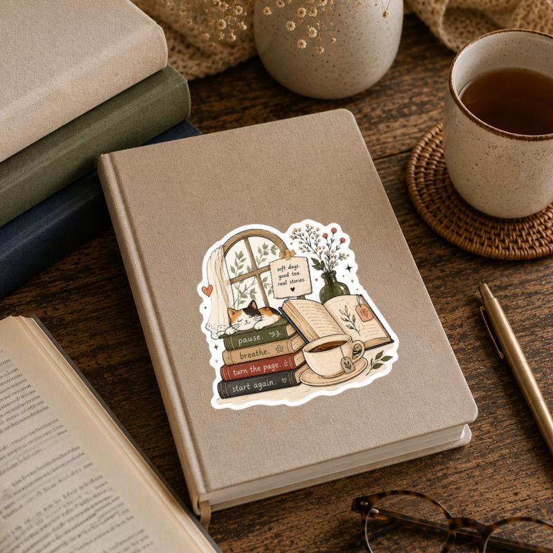 Pause Breathe, Turn The Page - Cozy Reading Life Sticker Pause Breathe, Turn The Page - Cozy Reading Life Sticker