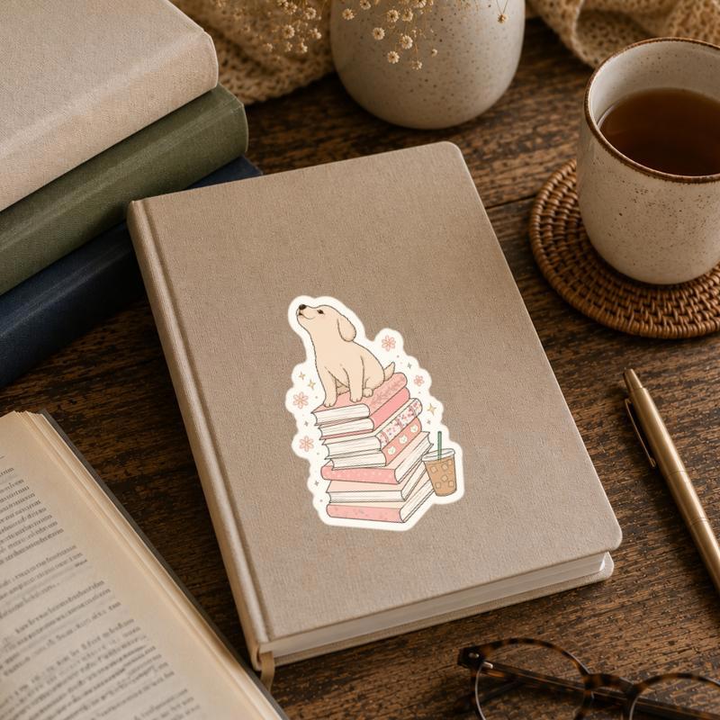Puppy On A Stack Of Books - Cozy Reader Aesthetic Sticker