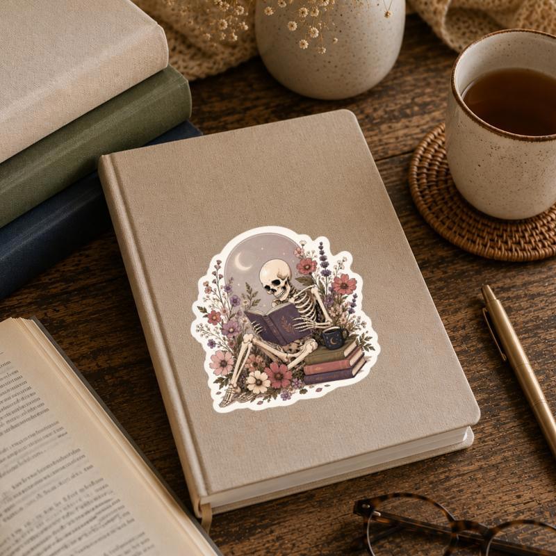 Skeleton Reading In Flowers - Gothic Book Lover Sticker
