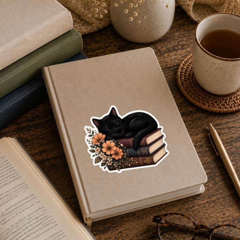 Sleeping Black Cat On Books - Vintage Floral Aesthetic Sticker