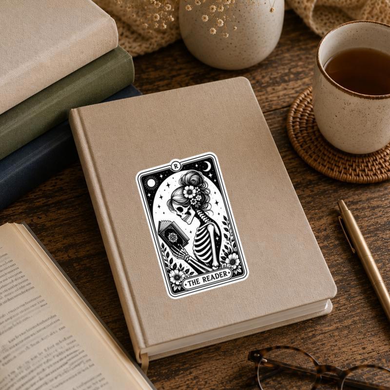 The Reader Tarot Card - Gothic Skeleton Book Lover Art Sticker