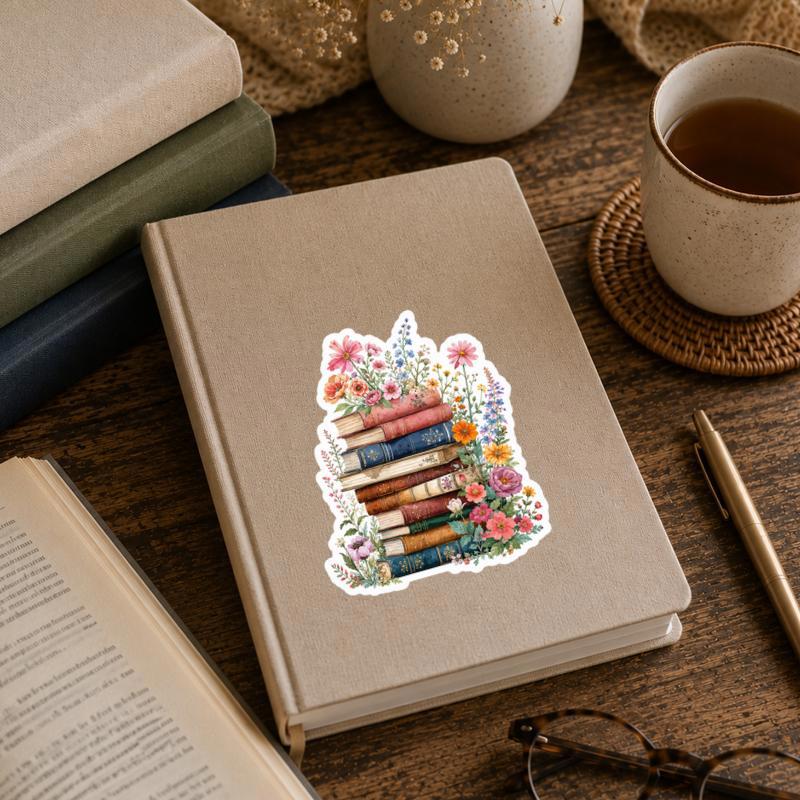Vintage Floral Book Stack - Cozy Reader Aesthetic Sticker