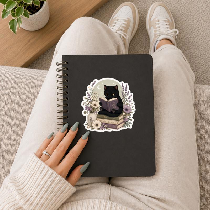 Black Cat Reading Books - Floral Cozy Reader Sticker