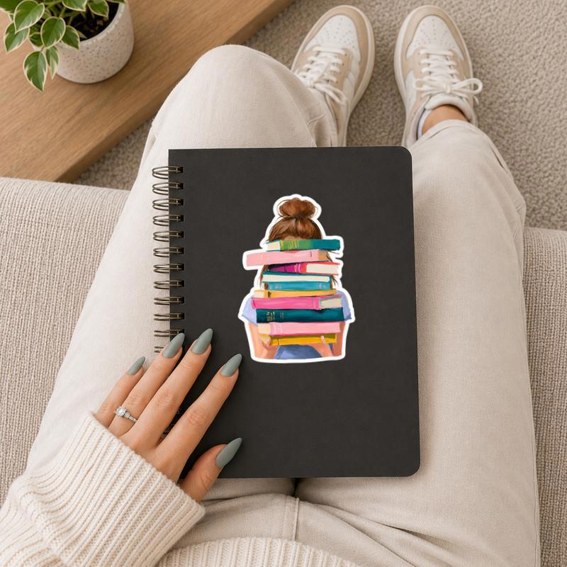 Book Stack Girl - Modern Book Lover Aesthetic Sticker